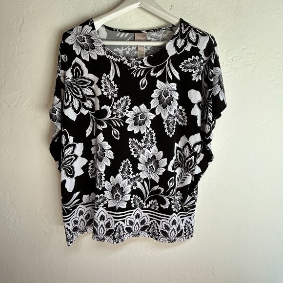 Chico's Womens Black White Floral Short Dolman Sleeve Top Size 2 Stretch Casual - Picture 1 of 8